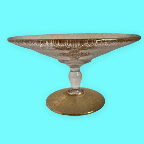 Vintage Ornate Gold Filigree Footed Dish with Crystal Stem on Gold Filigree Base - Picture 9 of 11